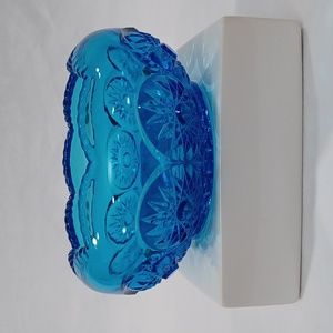 Vintage Blue Glass Dish Diamond Cut Starburst Scalloped Bowl Vintage Decor